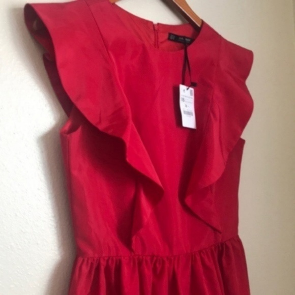 Zara Basic Shiny Red Short Sleeve Ruffle Dress - Picture 5 of 6